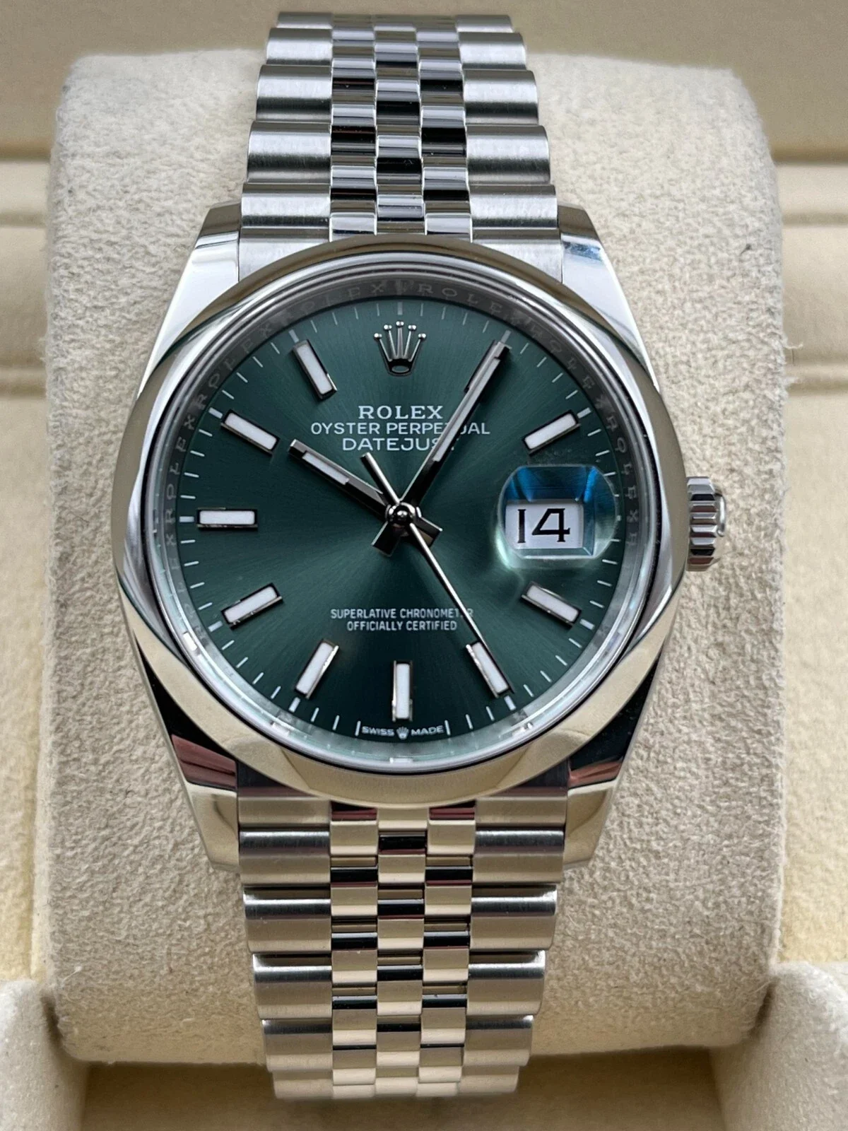 Rolex Datejust 36mm Smooth Mint Green Index Dial Jubilee Bracelet 126200 Box & Papers 2025